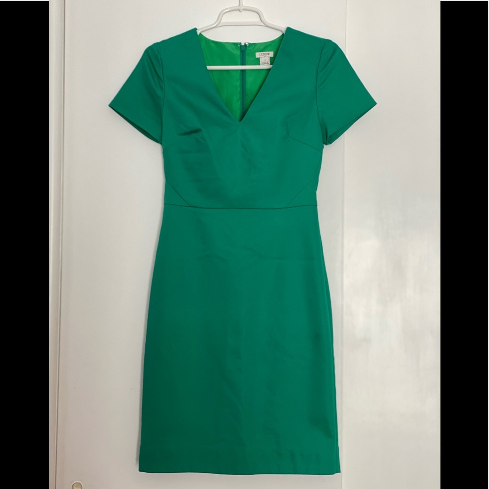 J Crew Kelly Green Short Cap Sleeve V-Neck Back Slit Stretch Sheath Dress Size 0